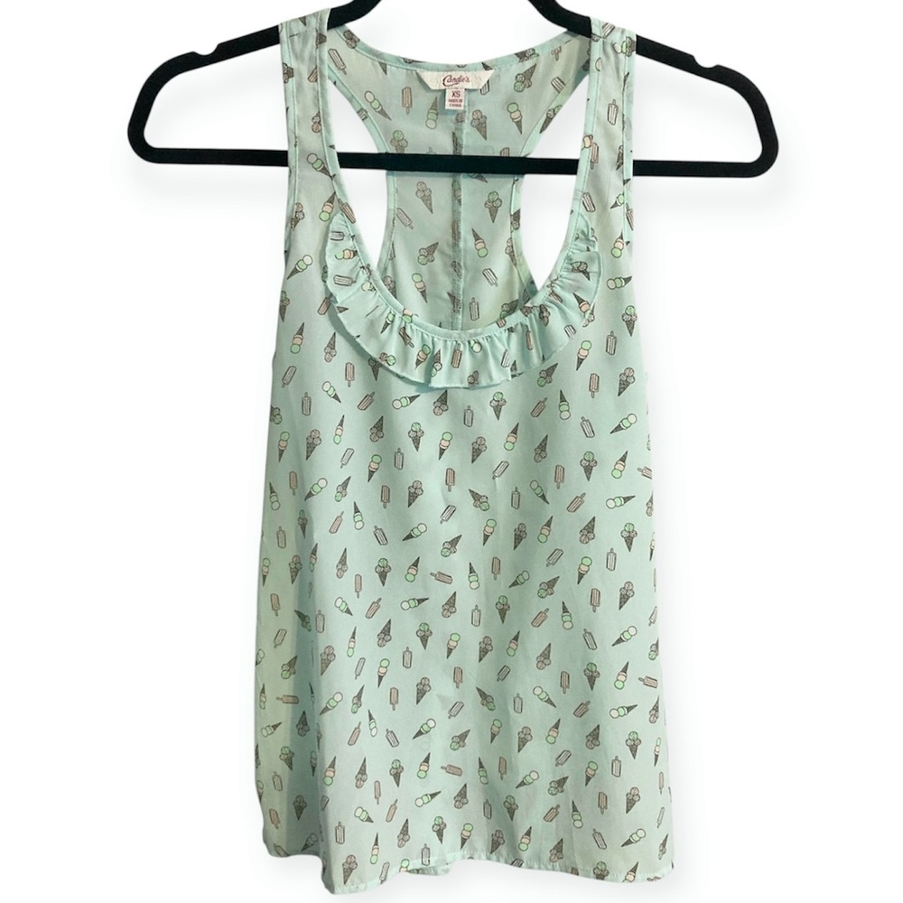 Candie’s Ice Cream Cone Popsicle Blue Green Ruffle Tank Top Shirt Blouse Size XS